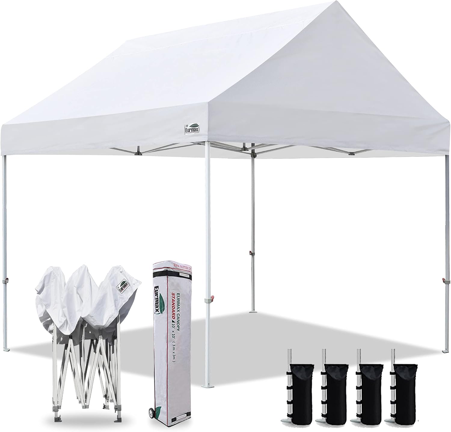 Eurmax USA 10x10ft Pop Up Canopy,Commercial Instant Tent for Outdoor Events,Patented No-Tip Rolling Storage Bag with 4 Sandbags,UV & Water Resistant,Heavy Duty Portable Shelter Gazebo,Black