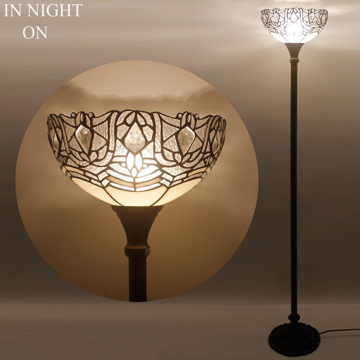WERFACTORY Tiffany Floor Lamp White Crystal Stained Glass Torchiere Light | 12X12X71 Inches Pole Standing Corner Torch Uplight Decor Bedroom Living