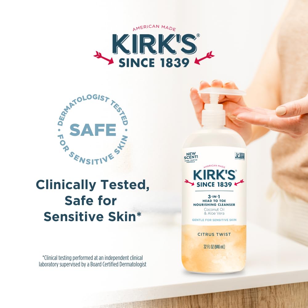 Kirk's Juniper & Lime​ 3-in-1 Nourishing Cleanser, Shampoo Body Wash Bubble Bath, Coconut Oil and Aloe Vera, Vegan Non-GMO, 32 Fl Oz