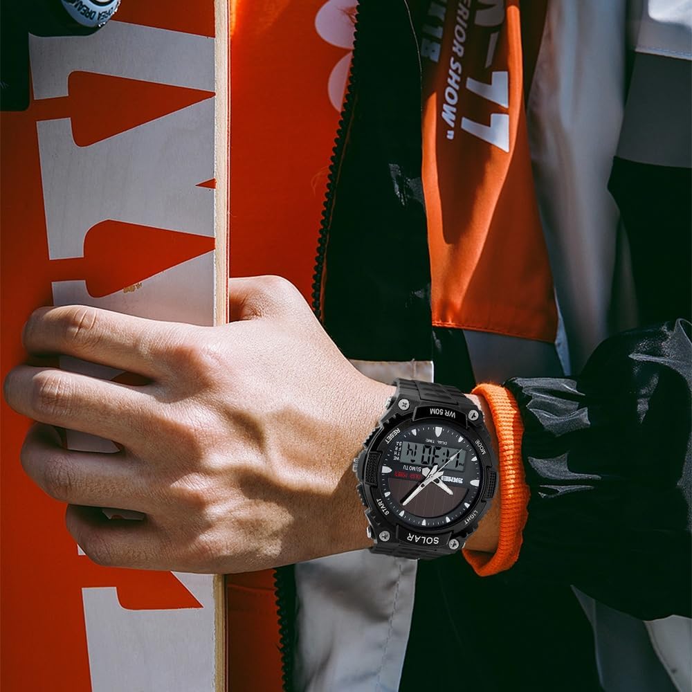 FANMIS Men Sports Outdoor Watch Analog Digital Multifunctional Black Watch | Black Sports Watch Casual Quartz Wristwatch Waterproof Military Wrist Watch Tactics LED Alarm Stopwatch Digital Watch for Men
