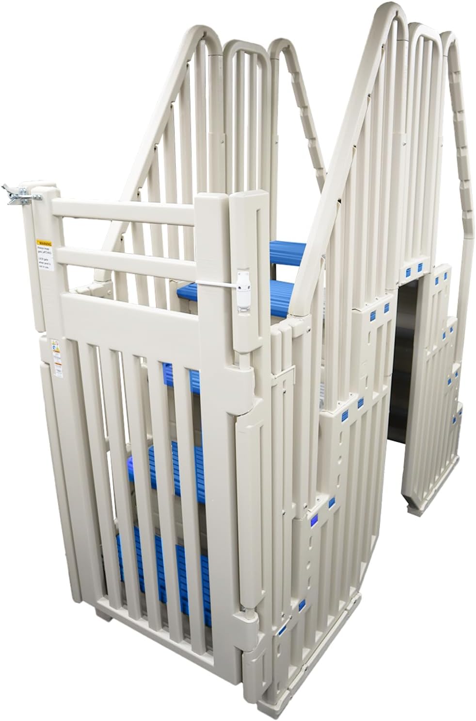 Confer Entry System for Above Ground Pools | White Frame with Blue Steps | All Resin Bridge System with Handrails and Gate