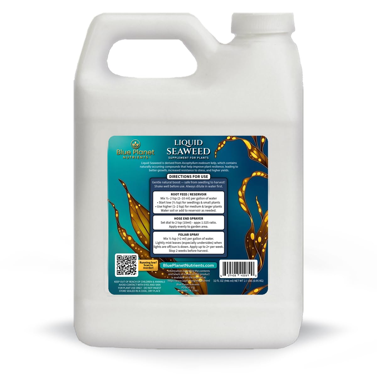 Liquid Kelp Seaweed Fertilizer Concentrate - Blue Planet Nutrients Ascophyllum Nodosum Liquid Seaweed Supplement - Makes 470 Gallons - Quart (32 oz)