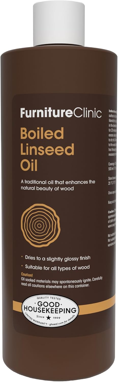 Furniture Clinic Boiled Linseed Oil | 500ml / 17 Fl Oz | Refined Oil for Wood Furniture, Stone & Metal | Fast Drying Glossy Finish | Restore & Protect | for Tables, Cabinets, Handles, & More