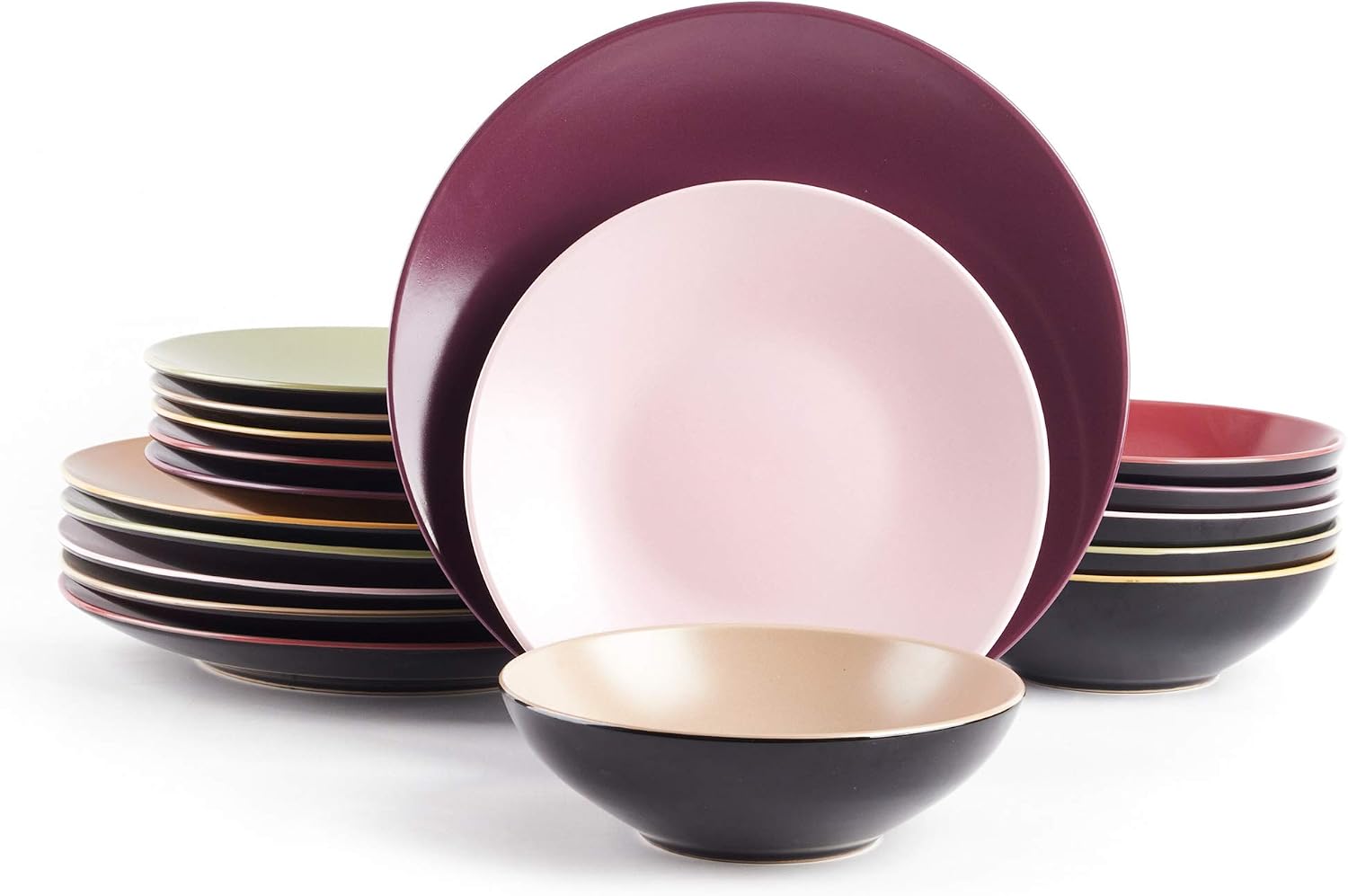 Stoneware Two-Tone Colors Life 16pc Dinner Set，Outside Shiny Black + Inside Matte Glaze Olive