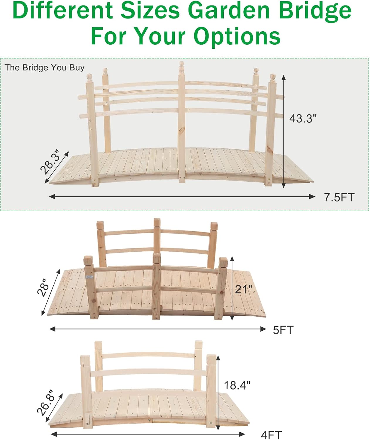 VINGLI 5 ft Garden Bridge, Classic Wooden Arch with Safety Rails Stained Finished Footbridge, Decorative Pond Landscaping, Backyard, Creek or Farm