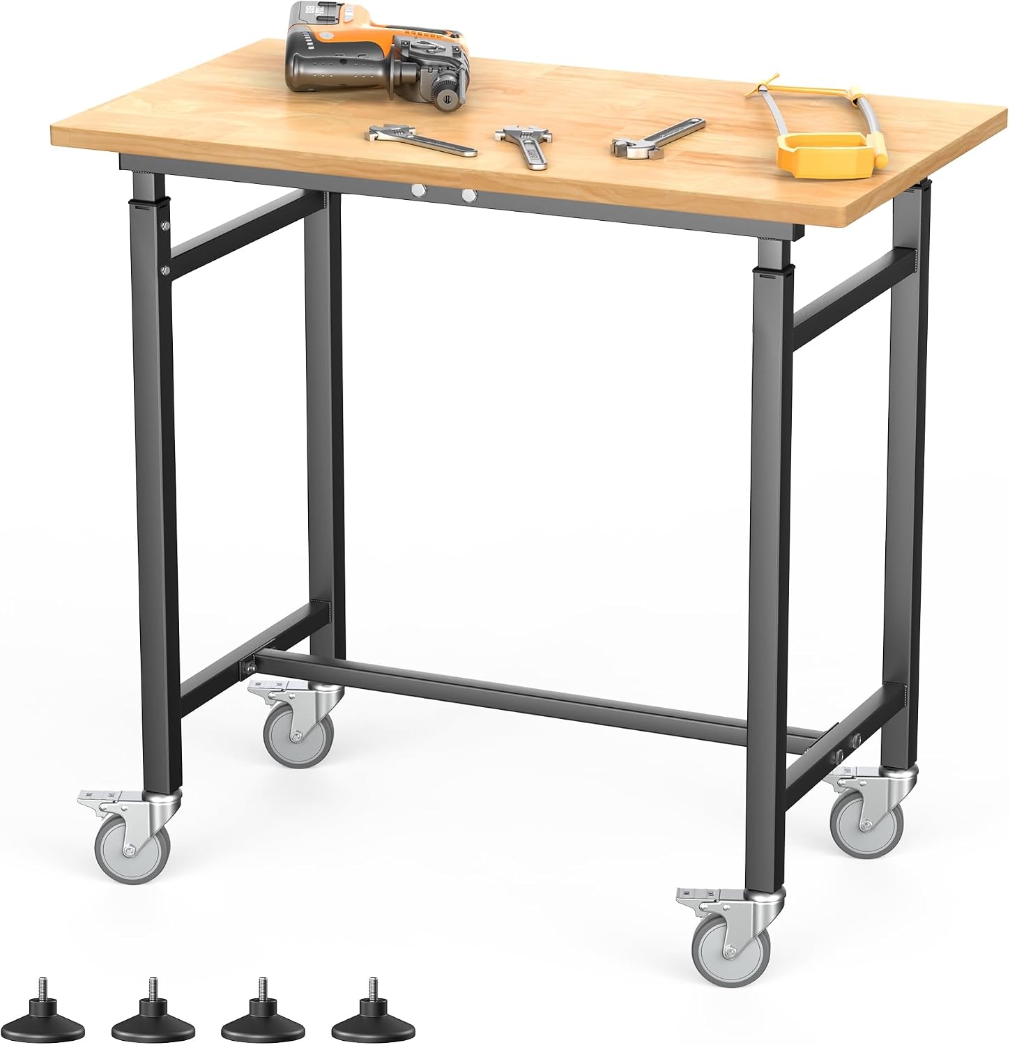 TORACK Adjustable Workbench with Rubberwood Top, Rolling 32x18 in Worktable | Height adjustable 28"–38", heavy-duty garage workbench with Wheels, up to 1000 lbs
