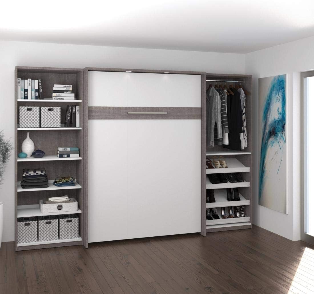 Bestar Cielo Full Murphy Bed with 2 Closet Organizers (119W) in Bark Gray and White, Sleeping Arrangement for Multipurpose Room | 2 Closet Organizers