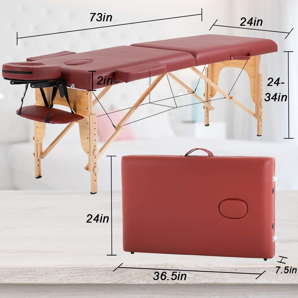 BestMassage | Portable Massage Table | 24" Wide, Black PU Leather | Lightweight, 2-Fold Massage Table with Height Adjustment, 450lbs Capacity, Carry Bag | For Massage, Facial, Tattoo, Home, Spa