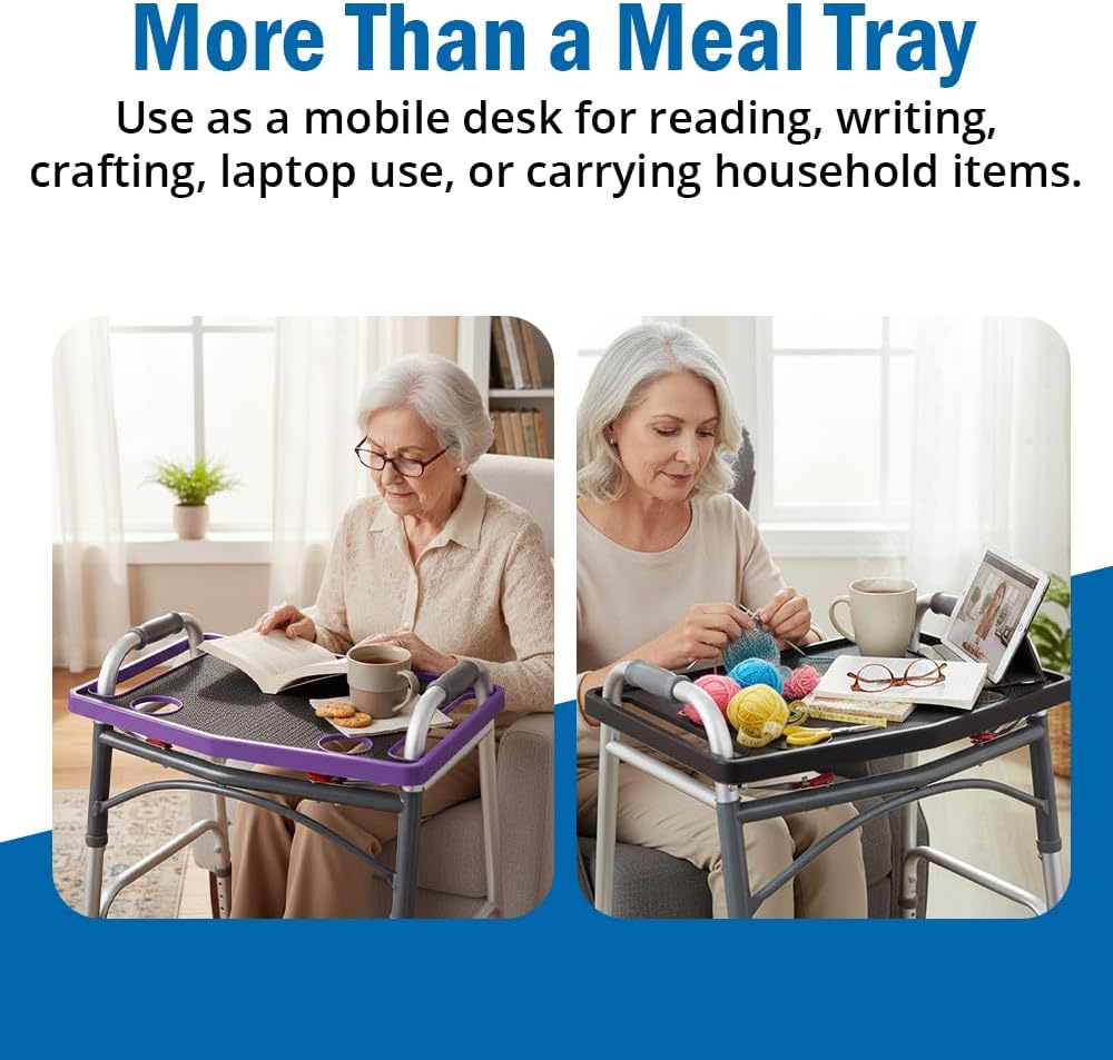 Support Plus Walker Tray Table - Mobility Table for Walker with Non-Slip Mat, Accessories, and Cup Holder (21"x16") - Gray