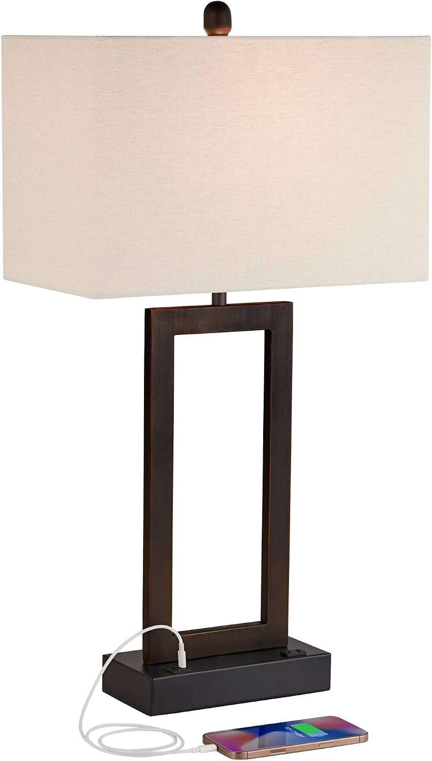 Todd 30" Large Table Lamp USB Brushed Nickel AC Power Outlet Modern | Hotel Charging Ports Living Room Bedroom House Bedside Nightstand Home Office Family Rectangle White Shade