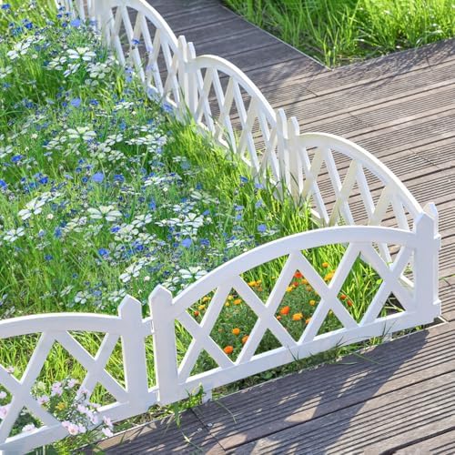 Sungmor Plastic Garden Fence Border Set - Lightweight Decorative Landscape Edging Panels, White Flower Bed Lawn Border - Easy Install for Soft Soil