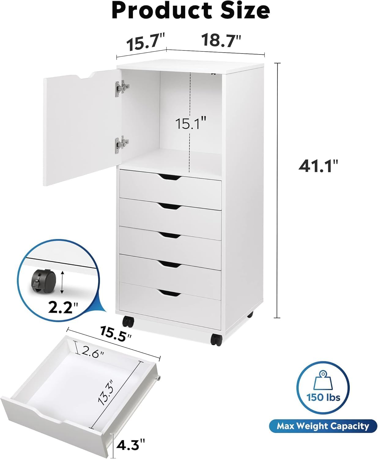 DEVAISE 7-Drawer Office File Cabinets, Mobile Craft Storage Cabinet, White | Wood Drawer Unit, Storage Cabinet, Rolling Cart, Printer Stand, Filing Cabinet with Drawers
