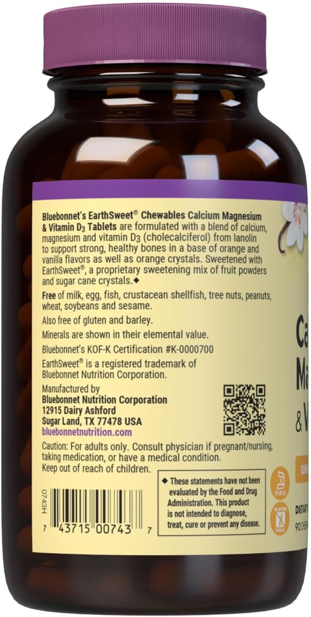 Bluebonnet Nutrition Calcium Magnesium Plus Vitamin D3 Earthsweet, Bone Health & Muscle Relaxation, Soy-Free, Gluten-Free, Kosher Certified, Dairy-Free, 90 Vanilla Flavored Chewable Tablets | Bone Health; Kosher Certified, Gluten-Free, Soy-Free, Dairy-Fr…