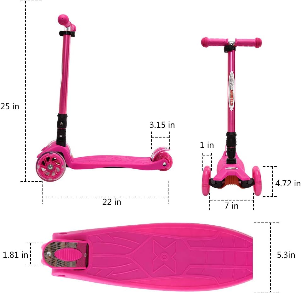 ChromeWheels Foldable Scooters for Kids, Deluxe Kick Scooter 4 Adjustable Height 132lbs Weight Limit 3 Wheel, Lean to Steer LED Light Up Wheels