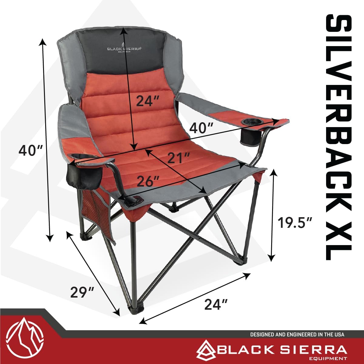Black Sierra Oversize XL Camping Chair Supports 500 lbs, Padded Folding Outdoor Chair w/ 2 Cupholders and Carrybag