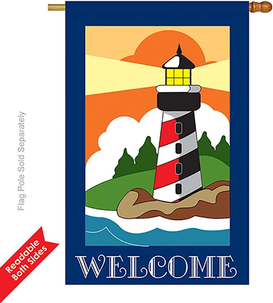 Two Group H106052-P2 Lighthouse Coastal Nautical Applique Decorative Vertical 28" x 44" Double Sided House Flag