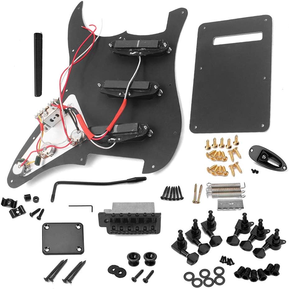 ST Electric Guitar DIY Kit Prewired Pickguard SSS Black | No-solder prewired pickguard. SSS Alnico pickups, 5-way switch. Tremolo bridge