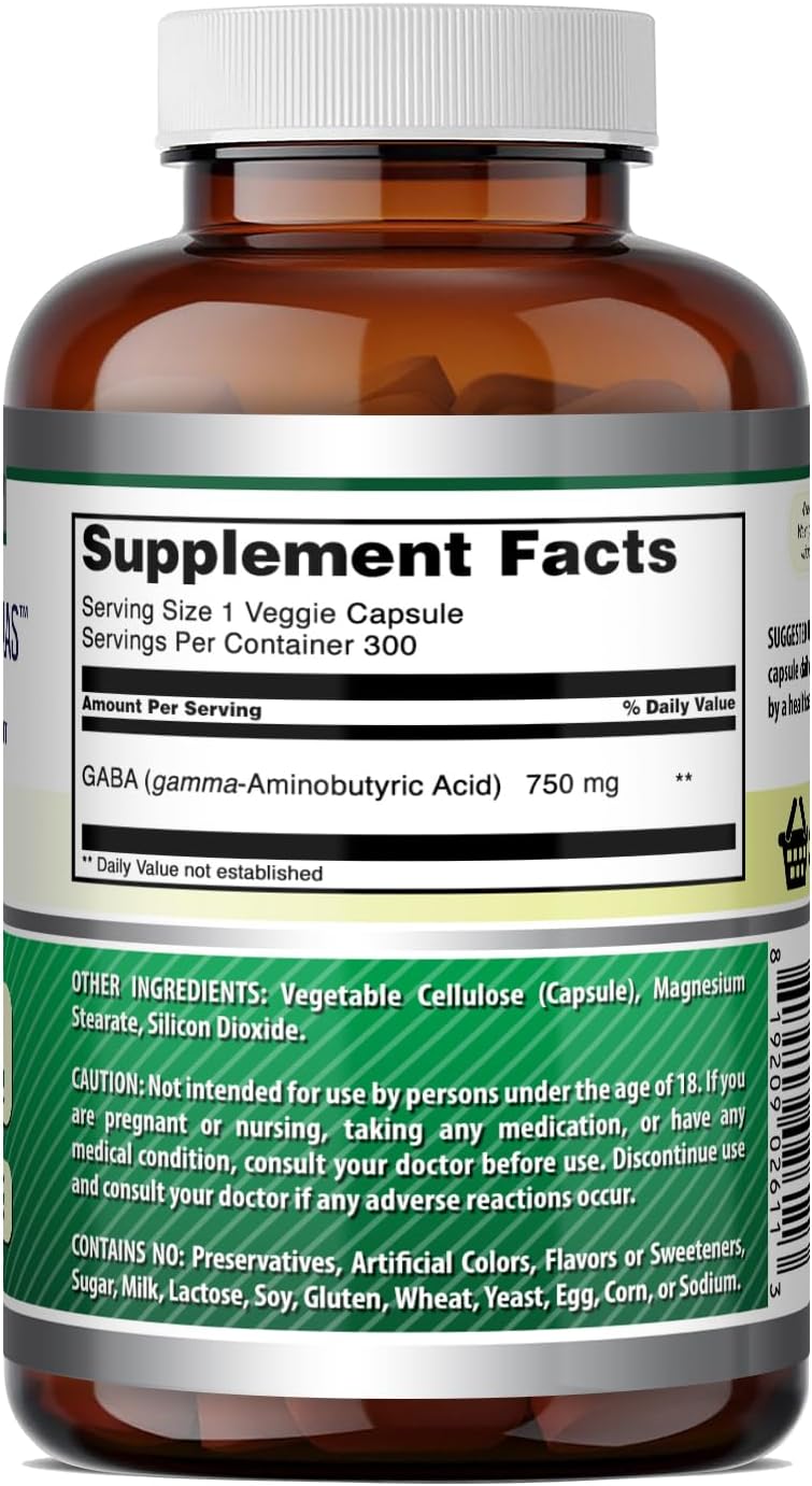 Amazing Formulas GABA Supplement | 750 Mg per Serving | 100 Veggie Capsules | Non-GMO | Gluten-Free | Made in USA | Ideal for Vegetarians