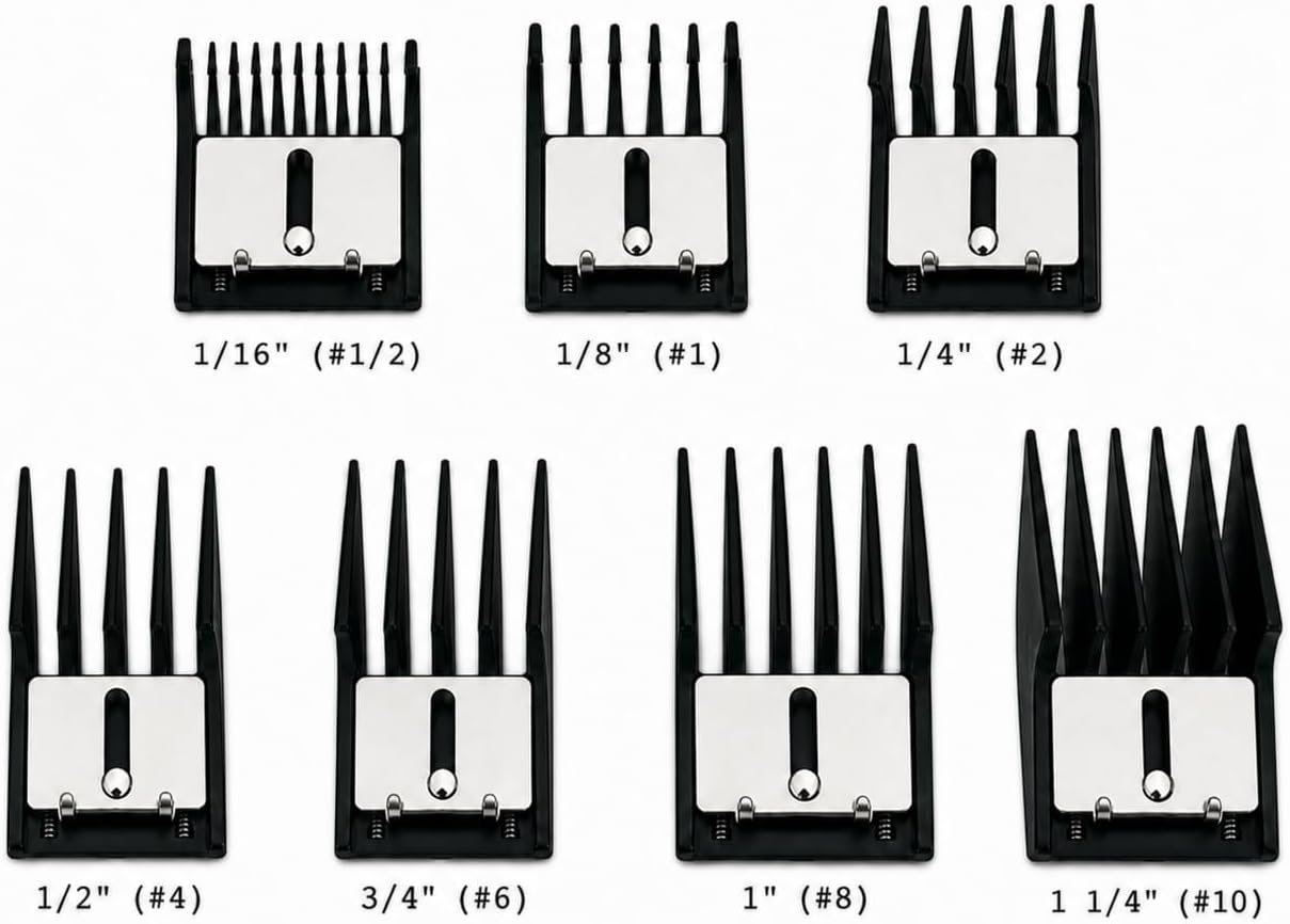 Miaco 7 Piece Universal Clipper Guide Comb Guard Set Compatible with Full Size Clippers Oster Classic 76, Oster A5, Andis AG, Andis BG, Wahl Senior