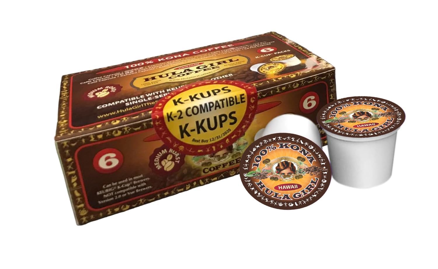 Hula Girl 100% Kona Coffee, Single Serve for Keurig K-Cup Brewers, Medium Roast, Works in the New K2