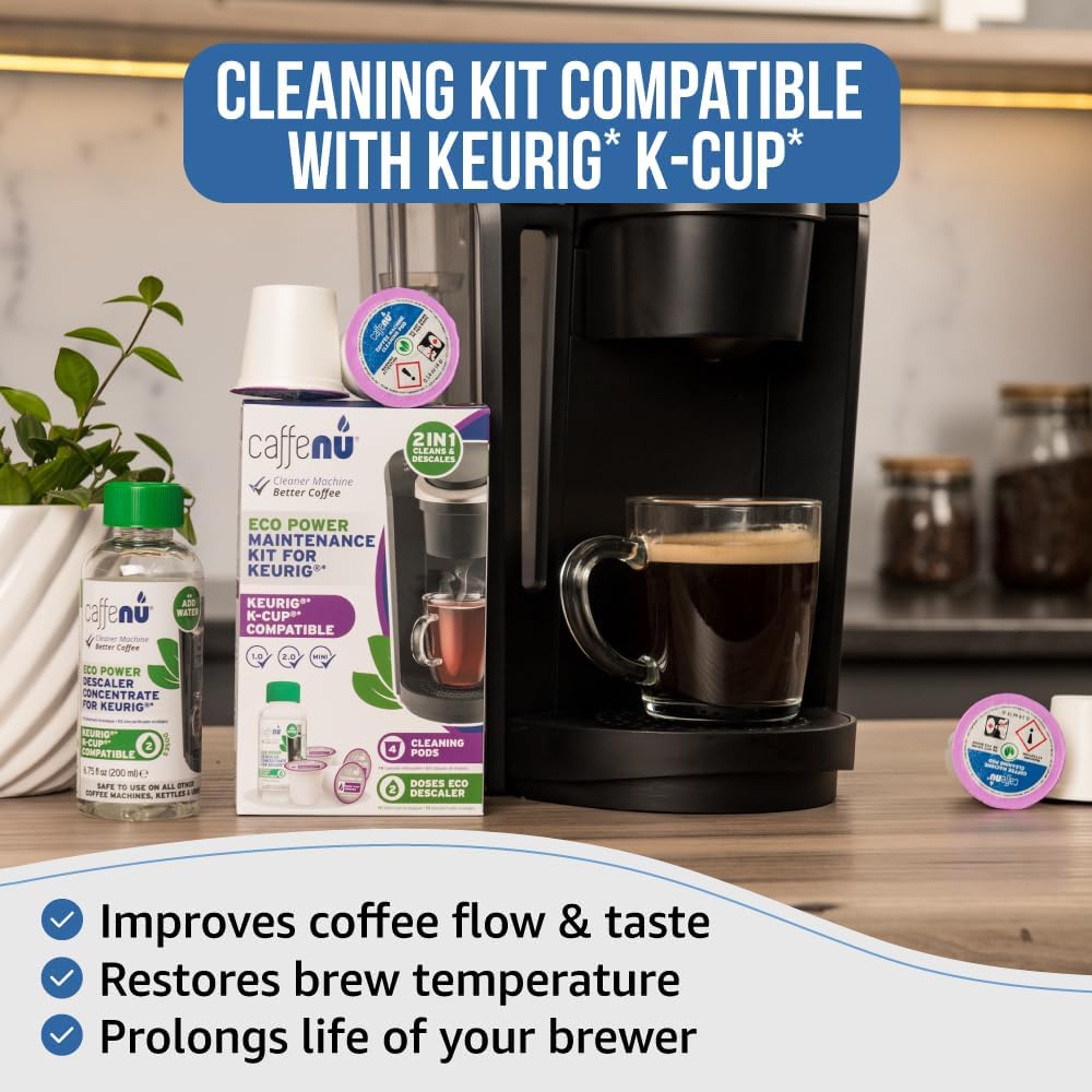 Caffenu Keurig Compatible Descaling Solution and Cleaning Pods Kit, 4 Uses | Descaler & Cleaner for Keurig