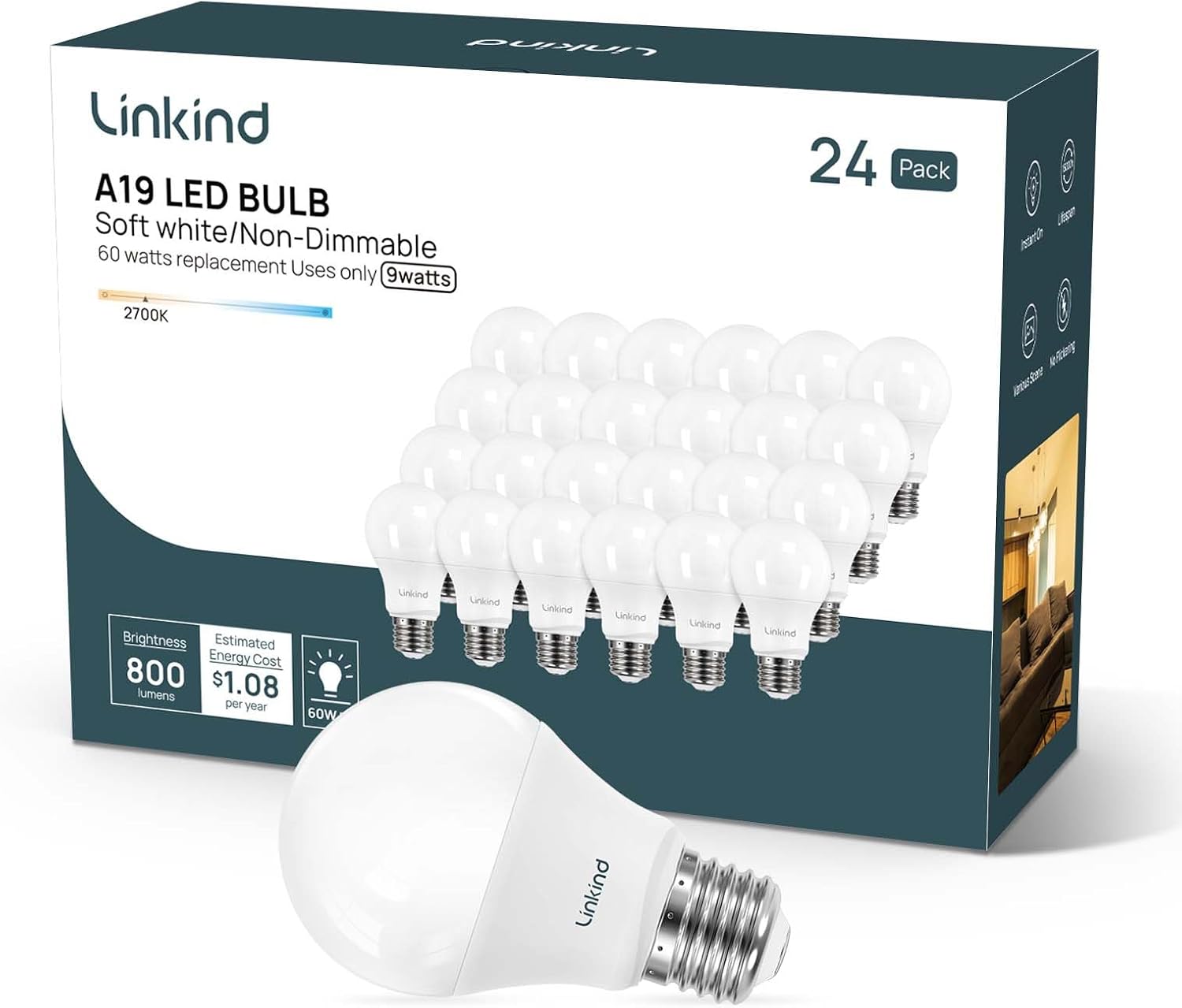 Linkind A19 LED Light Bulbs, 100 Watt Equivalent, 2700K Soft White 6 Packs