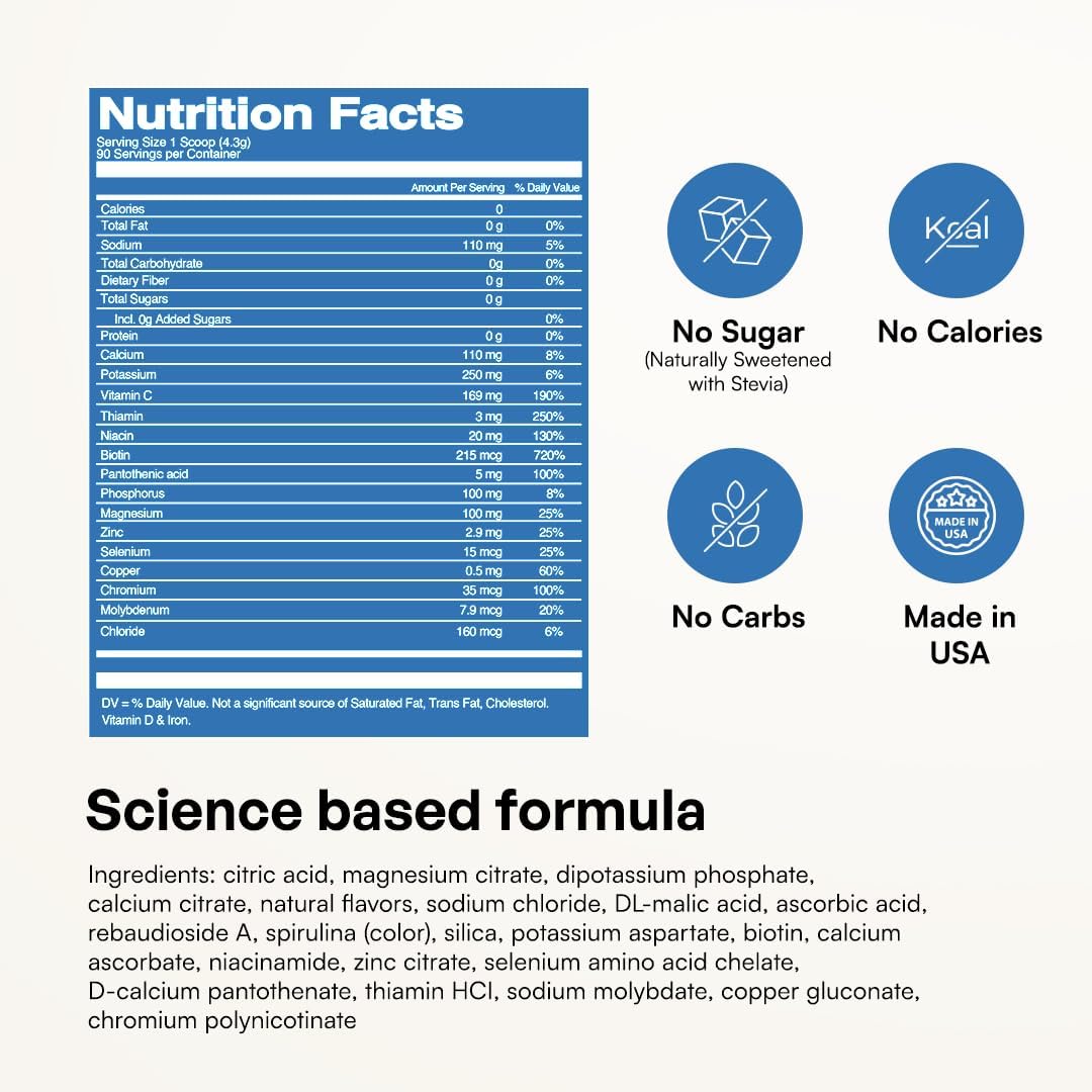 KEY NUTRIENTS Potassium Multivitamin Electrolytes Powder, Lemonade, 90 Serv | Multivitamin Electrolytes Powder, Refreshing Lemonade, Sugar Free, Sodium & Potassium Supplement, No Calories, Made in USA