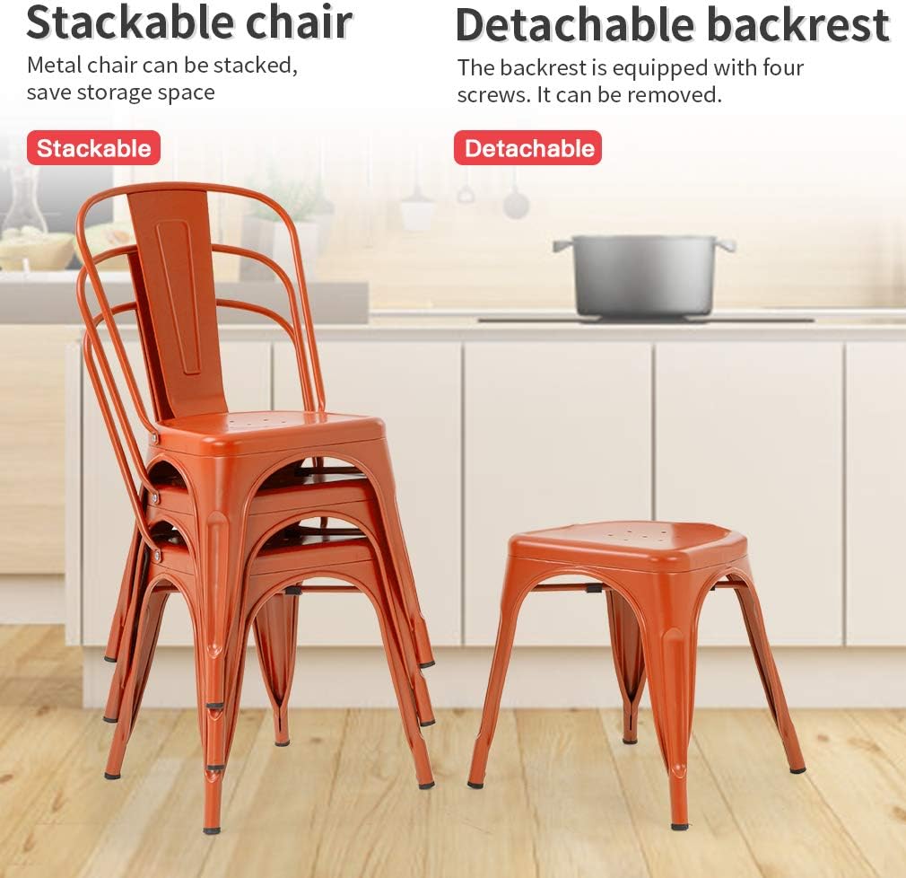FDW | Metal Dining Chairs | Set of 4, Black | 330lbs Load | Stackable Tolix Side Chairs with Backrest | Non-Slip Feet | Indoor/Outdoor Use | Ideal for Kitchen & Restaurants