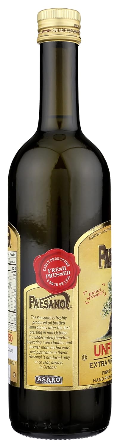 Paesanol Extra Virgin Olive Oil, Unfiltered, 33.8 Fl Oz (1L) | High Polyphenol, Premium First Cold Pressed, Hand Picked, Early Harvest in Sicily, Award Winning Italian EVOO