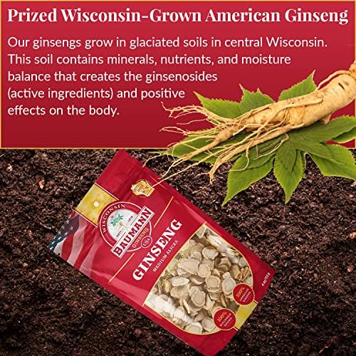Baumann Wisconsin Ginseng - Medium Slices 4 oz - 100% Natural Panax Ginseng Herb, Pure Dried American Ginseng for Enhanced Focus & Energy