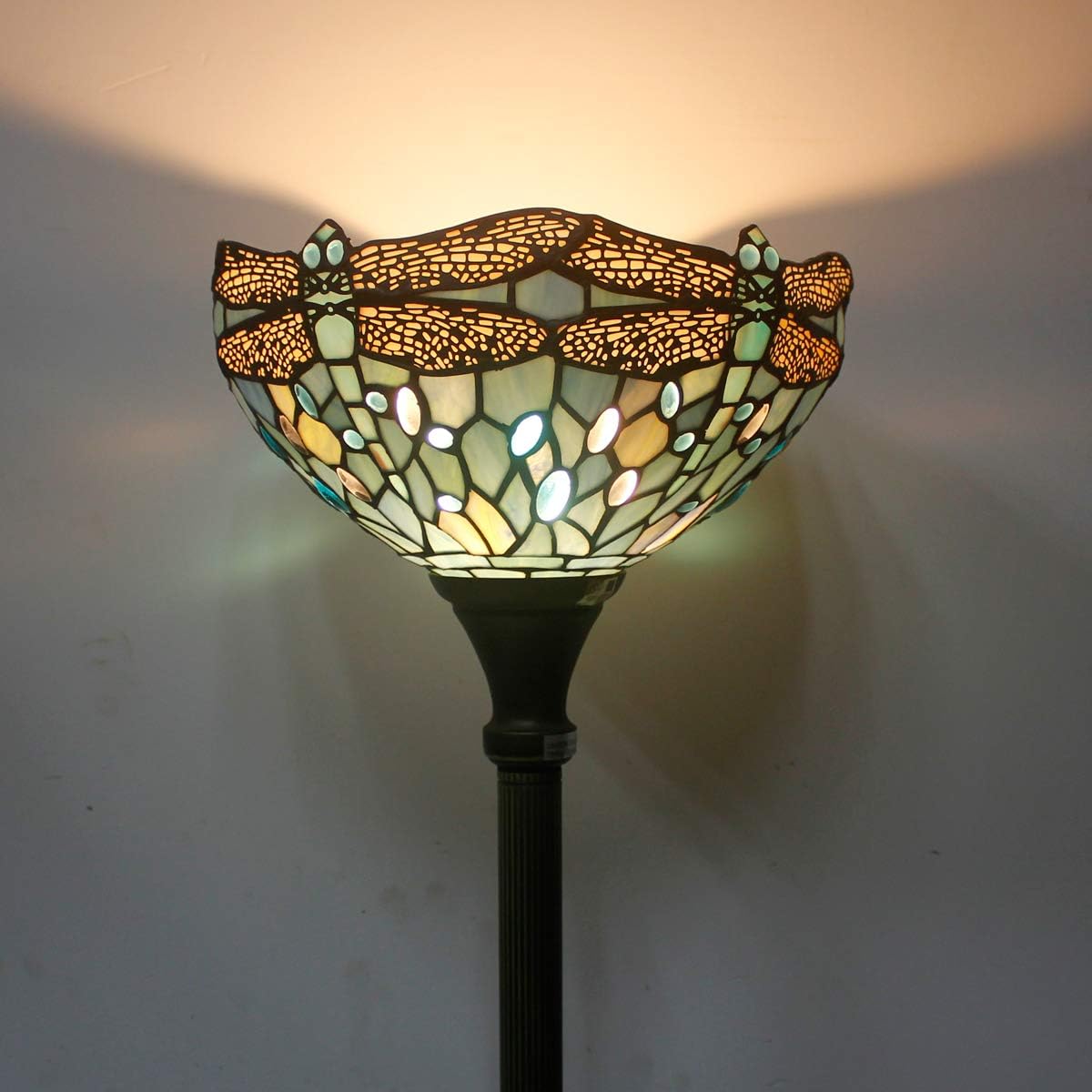 WERFACTORY Tiffany Floor Lamp Sea Blue Stained Glass Torchiere Pole Light | 12X12X71 Inches Dragonfly Standing Corner Torch Uplight Decor Bedroom