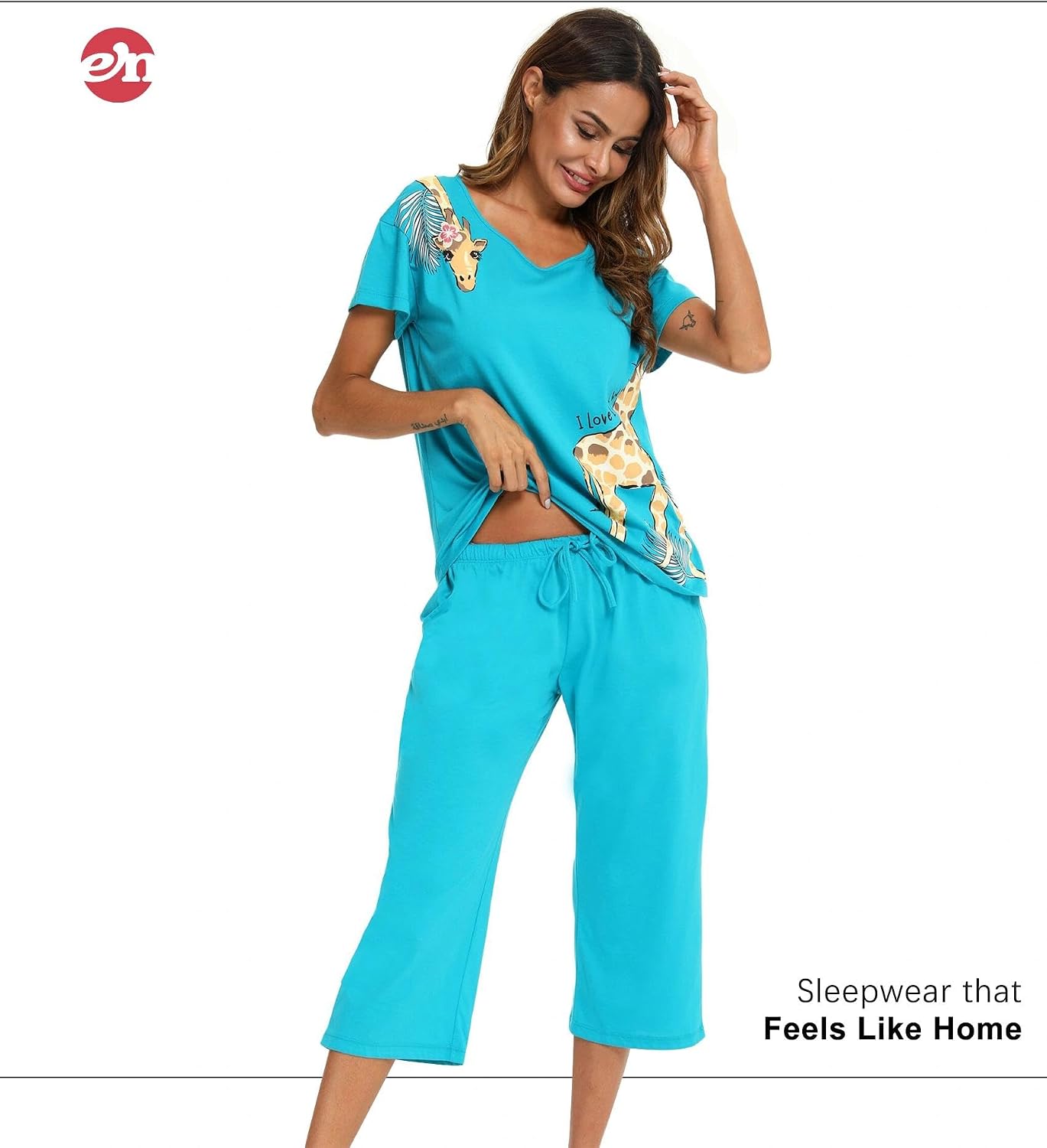 ENJOYNIGHT Womens Pajama Set Cotton Short Sleeve Top With Capri Pants Pj