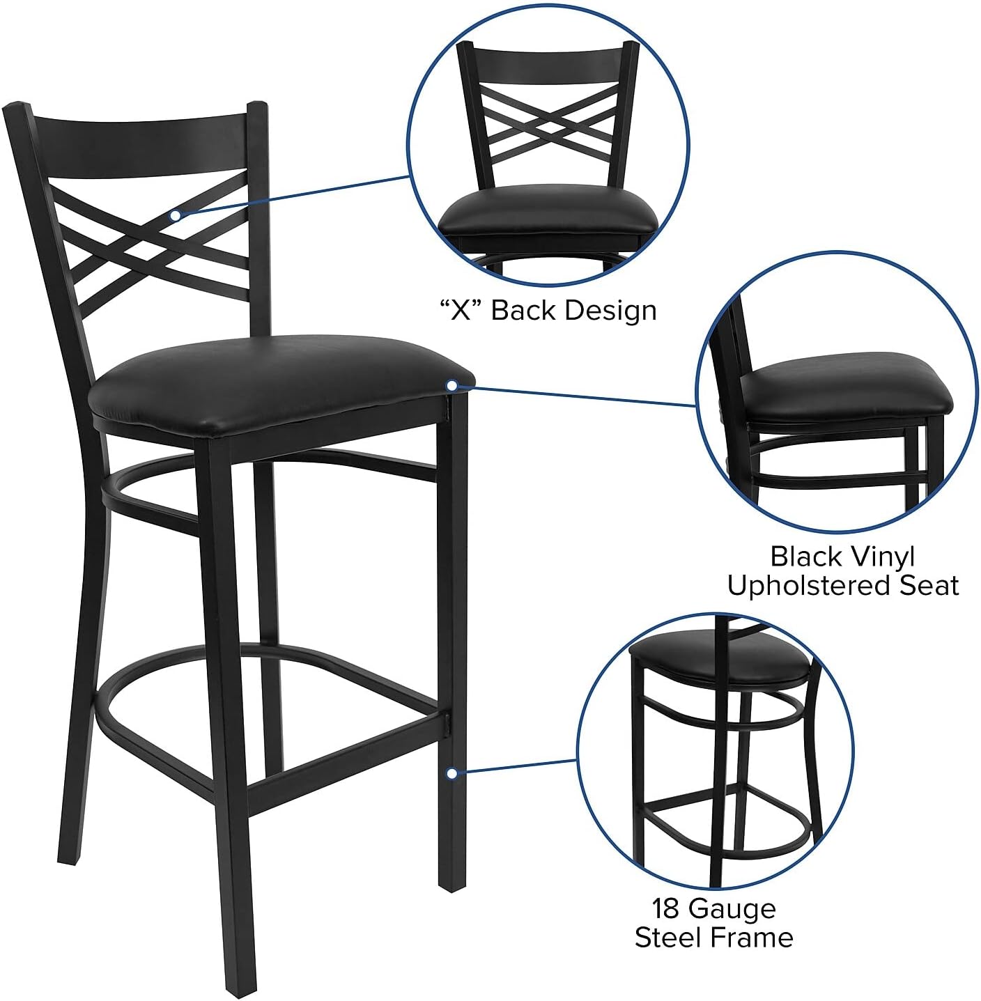 Flash Furniture Hercules Metal Restaurant Barstool, Black | X Back Style, Vinyl Upholstery, Durable Construction, Commercial Use