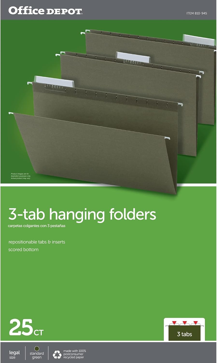 Office Depot® Brand Hanging Folders, 1/3 Cut, Legal Size, 100% Recycled, Green, Pack of 25