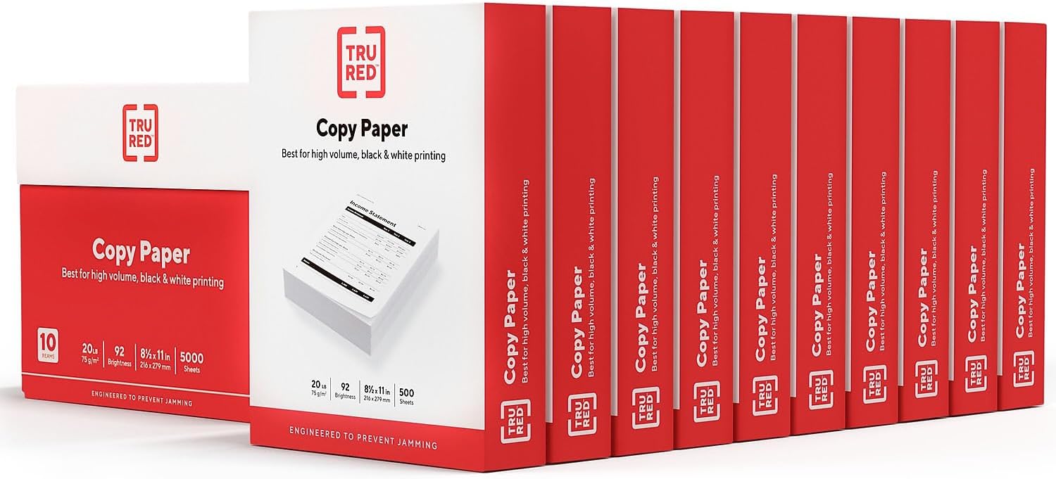 Staples TRU RED Copy & Printer Paper, 8.5 x 11, 20 lb, 92 Bright, 5,000 Sheets/Carton, White Letter Size Paper for Office, School & Home