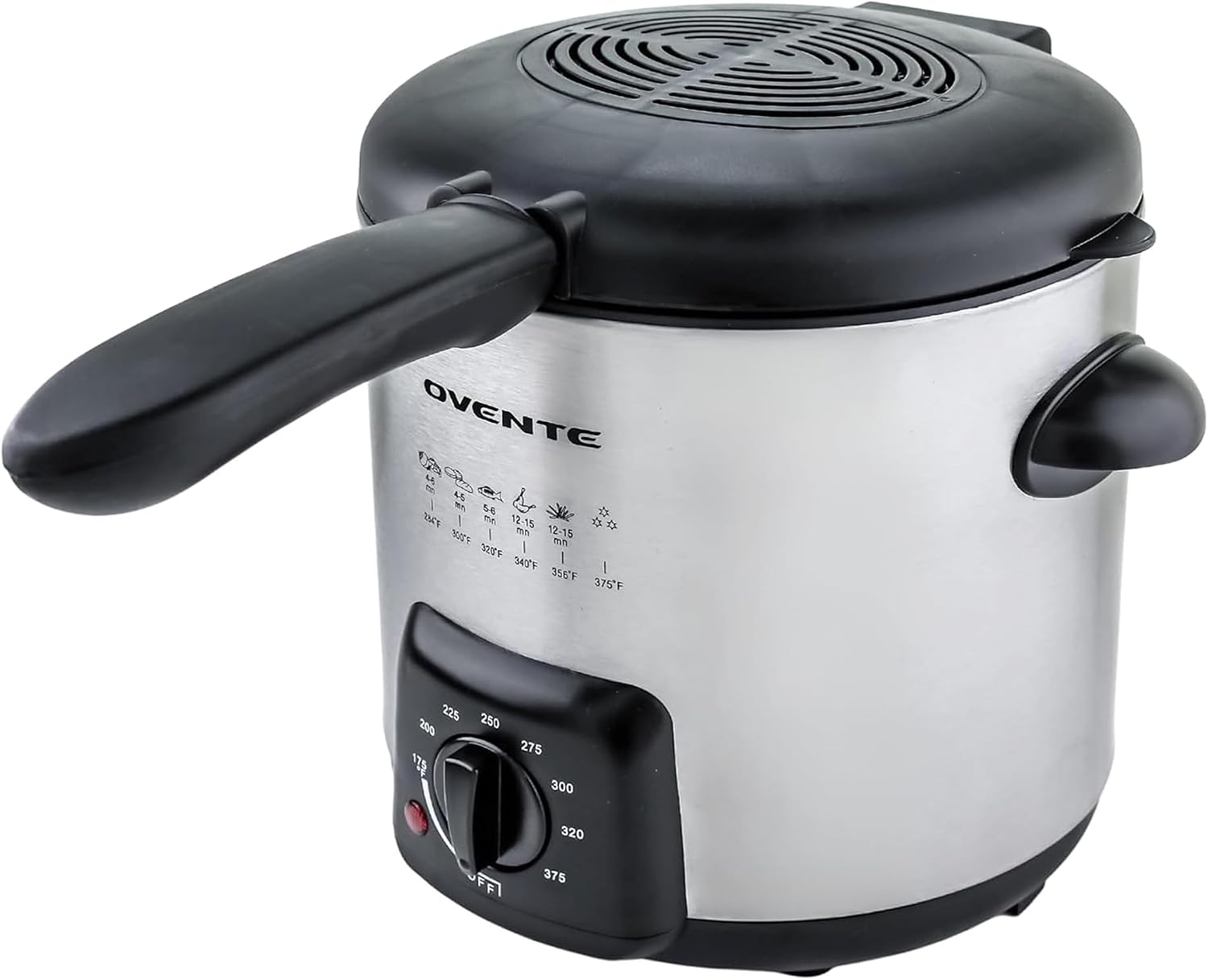 OVENTE Electric Deep Fryer, 0.9L Capacity, 840W, Silver FDM1091BR | Adjustable Temperature Knob, Locking Lid, Removable Frying Basket and Cool Touch Handle, Easy to Clean Stainless Steel Body
