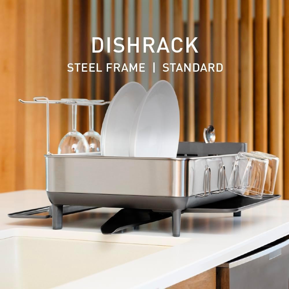simplehuman Steel Frame Dishrack, Large Capacity Dish Drying Rack, 360º Easy Drain Swivel Spout, Utensil & Wine Glass Holder, Anti-Residue Coating