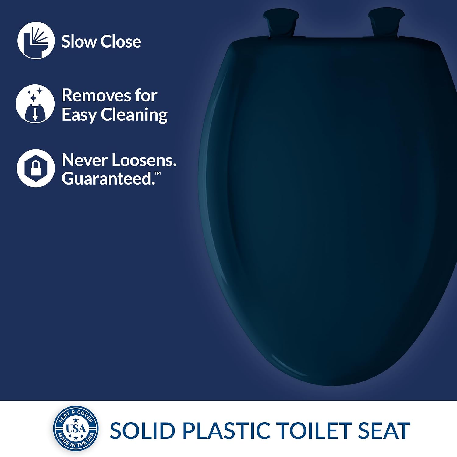 Bemis Classic Colors Slow Close Toilet Seat, Easy Clean Hinges and Durable Plastic Seat, Made in USA, Elongated, Black