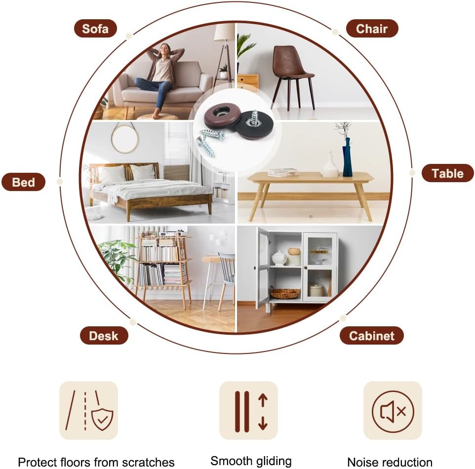 Furniture Slider Pads, 20pcs Teflon Moving Furniture Glides with Screws Reusable Feet Protector for Carpet, Tiled and Hardwood Floors (Brown)
