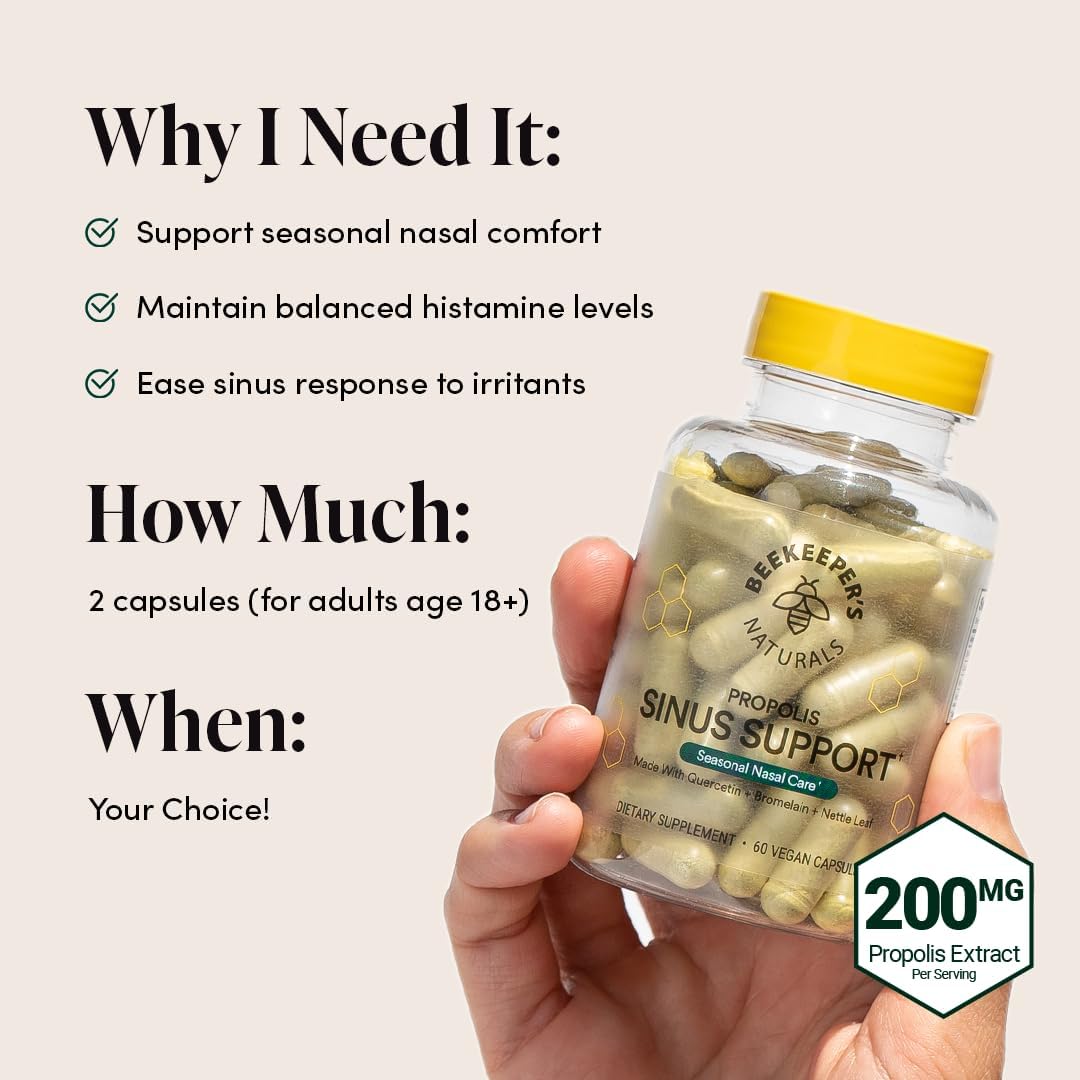 Beekeeper's Naturals Sinus Support for Adults, Quercetin & Bromelain, 60 ct | All Natural, Seasonal Nasal Care Relief, Propolis, Quercetin, Bromelain