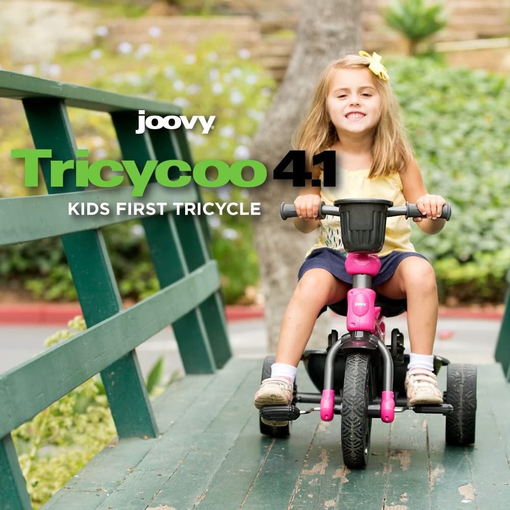 Joovy Tricycoo 4.1 Kids Tricycle with 4-Stages Featuring Extra-Wide Front Tire, Removable and Adjustable Parent Handle, Safety Harness