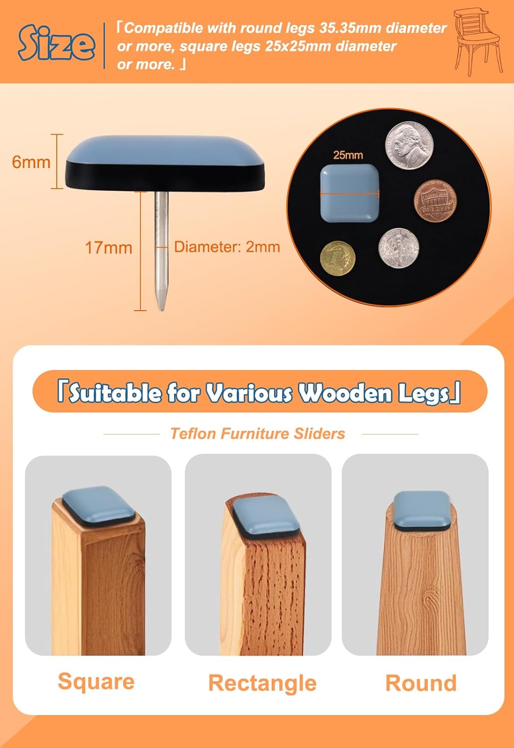 Teflon Furniture Sliders, 20pcs 1inch Square Furniture Glides with Nail for Carpet Tile Hardwood (Grayish Blue)