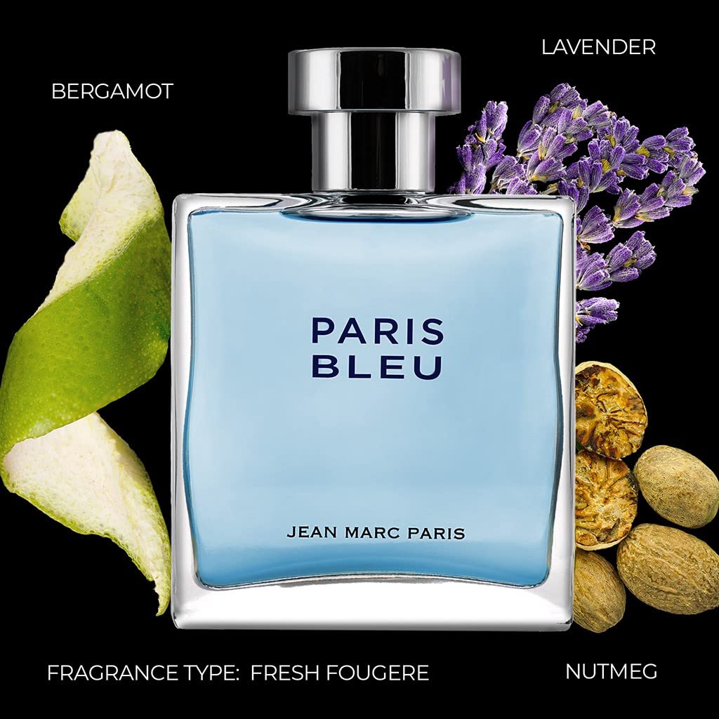 Jean Marc Paris Paris Bleu Homme Eau de Toilette Spray, 3.4 fl. oz., blue, Men's Cologne, Fresh Cologne, Notes of Bergamot, Lavender and Leather