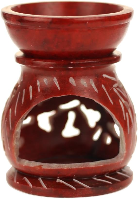 Oil Diffuser - Red Soapstone Oil Burner Round Leaves 3.25"