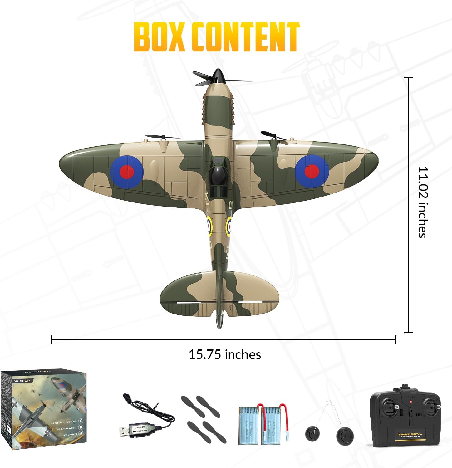 volantexrc RC Plane, 3 Channel Remote Control Plane for Beginners & Adults | Spitfire Fighter RTF, 6-Axis Gyro, 2.4GHz Radio Controlled Aircraft, Easy to Fly