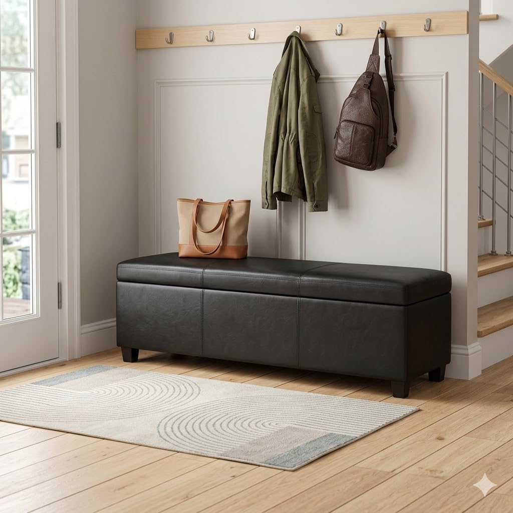 SIMPLIHOME Avalon 54" Wide Vegan Leather Storage Ottoman in Tanners Brown