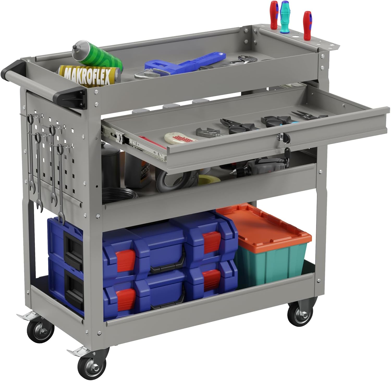 3-Tier Heavy Duty Utility Cart on Wheels, Rolling Tool Cart on Wheels with a Drawer, 350 Lbs Load Capacity Service Cart for Warehous, Garage and Repair Shop (Black)