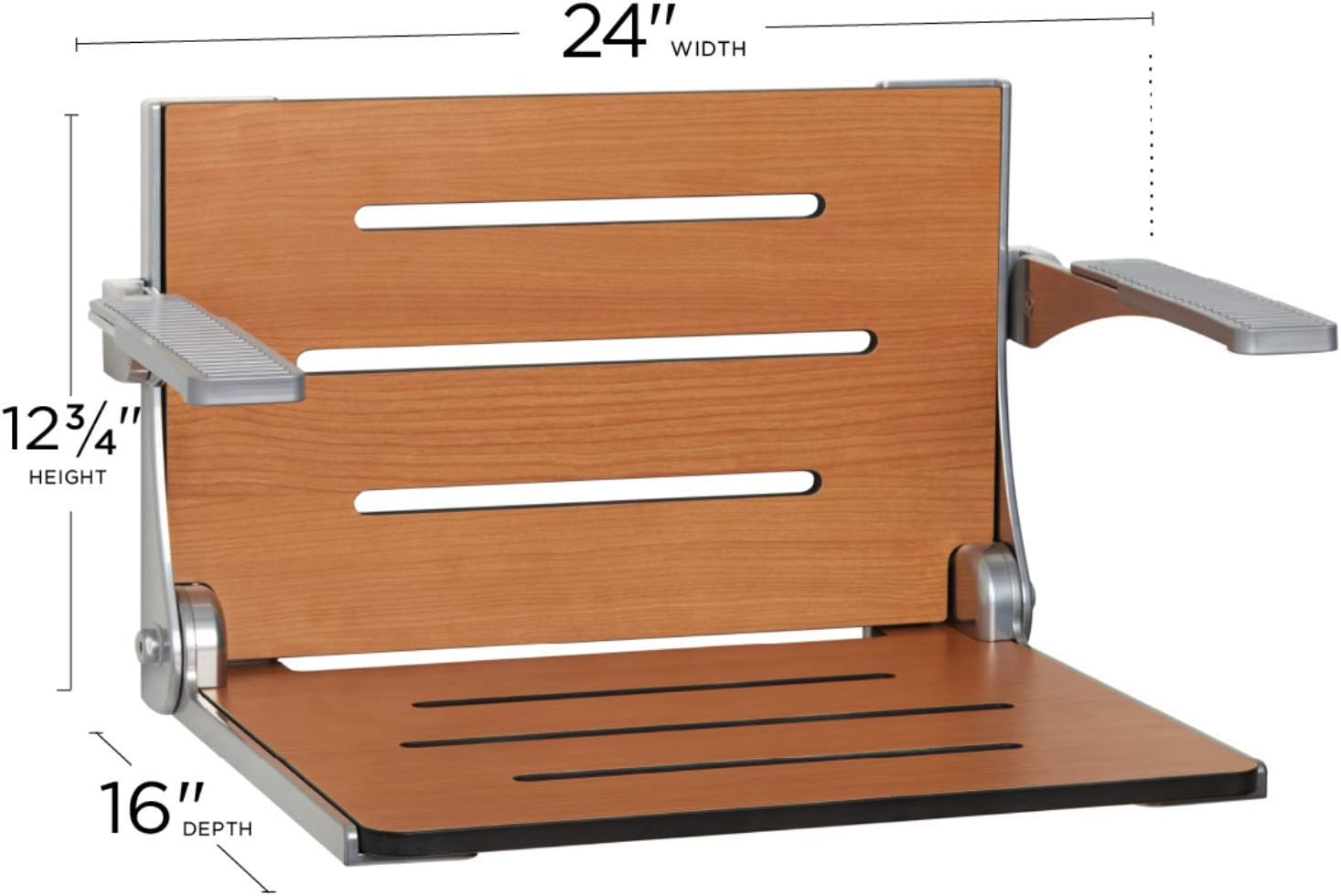Seachrome Silhouette Comfort Folding Wall Mount Shower Bench Seat with Arms, Teak Seat with Silver Frame