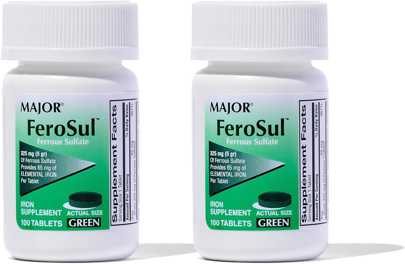 Major Ferosul - Ferrous Sulfate 325mg Tablets with 65mg of Elemental Iron - Iron Supplement for Women, Men - Green - 100 Count (3 Pack)