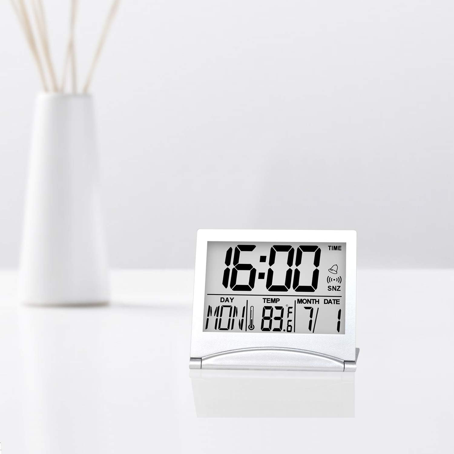 Betus Digital Travel Alarm Clock - Foldable Calendar Temperature Timer LCD Clock with Snooze Mode - Large Number Display, Battery Operated - Compact Desk Clock(Silver, No Backlight)